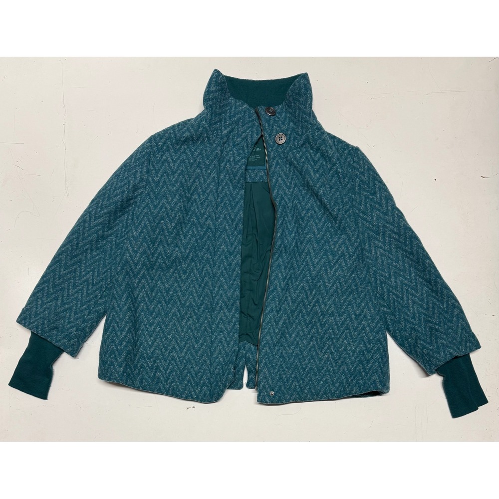 Prana Teal Chevron Herringbone Wool Blend Jacket Coat High Neck Size L